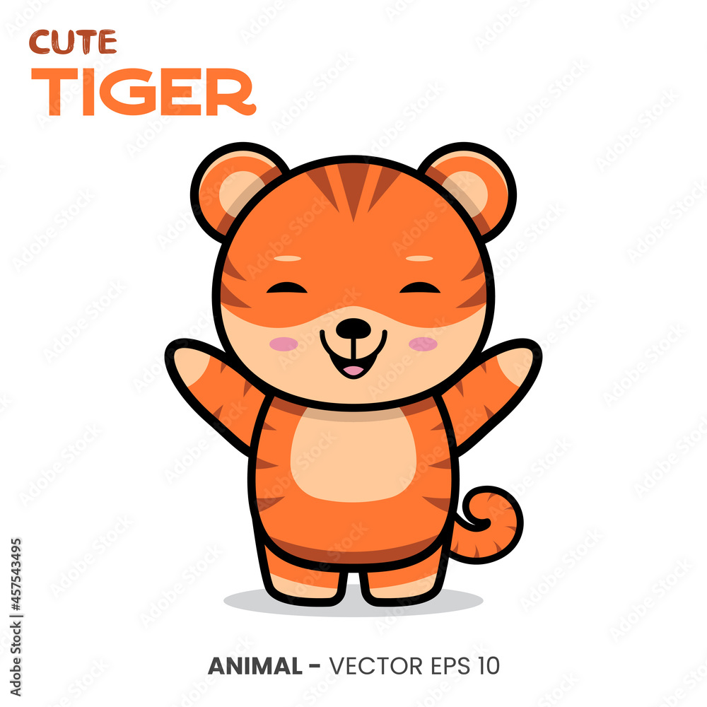 Obraz premium Cute tiger character, sweet smile expression with raised hand.