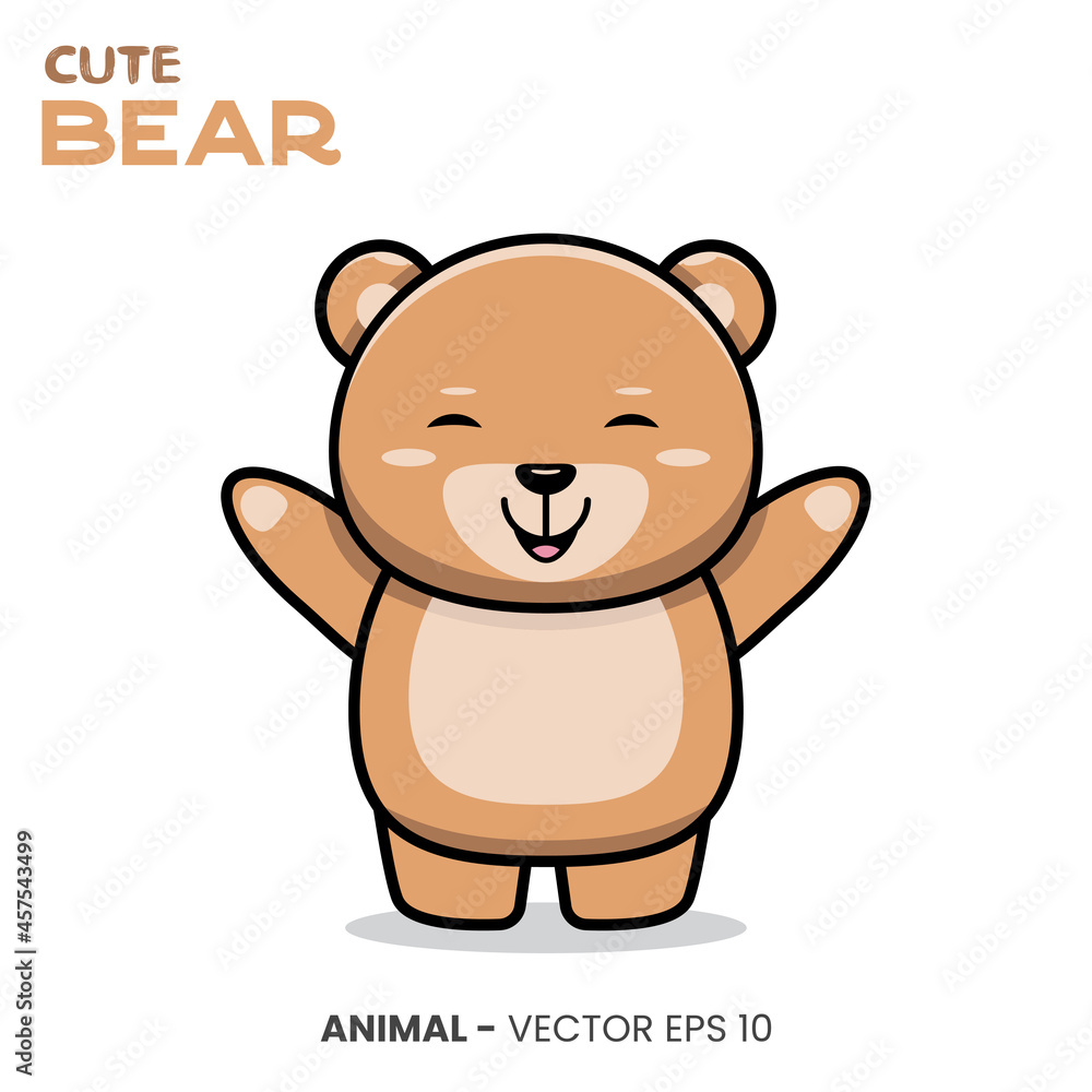 Fototapeta premium Cute bear character, sweet smile expression with raised hand.