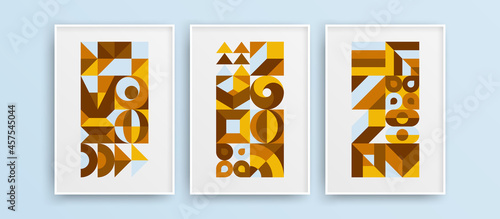 Colorful abstract bauhaus shapes design vector artwork set. Multicolored amazing wall decor layout collection.