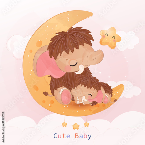 Adorable mom and baby mammoth in watercolor illustration
