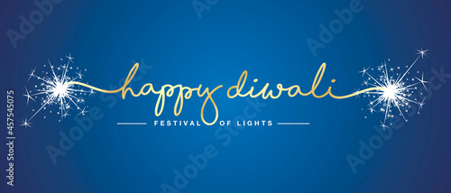 Happy Diwali festival of light gold handwritten calligraphy typography sparkle firework blue background