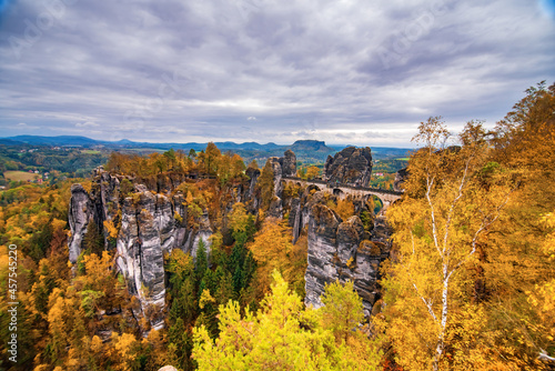 Amazing autumn scenery of the Bastei bridge  Saxon Switzerland National Park  Germany