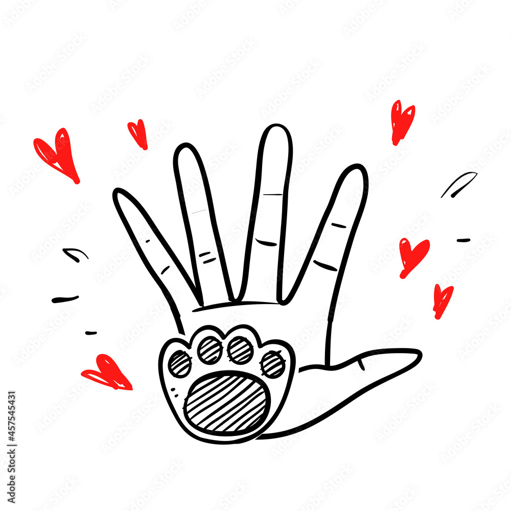 hand drawn doodle human hand and animal paw illustration vector isolated hand drawn doodle human hand and animal paw illustration vector isolated
