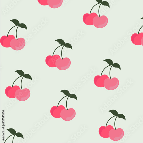 Ilustración vectorial editable de cerezas en tonos rosados, fucsias y verdes con fondo en tono verde seco aplicable en prendas, textiles, fondos, texturas, empapelados, ideas.