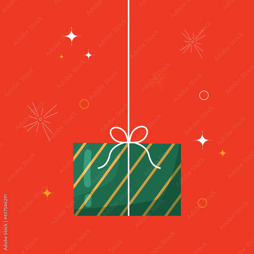Hanging Christmas present box with ribbon and a bow for Christmas card,greetings on background.Vector illustration cartoon flat style.