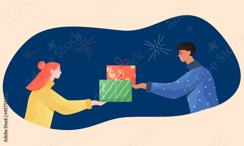 Happy characters sharing Christmas gifts and preparing to celebrate holidays. Merry Christmas and Happy New Year. Modern vector illustration cartoon flat style.