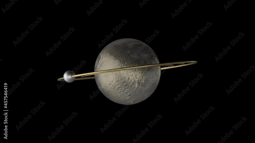 Shiny, metallic, rotating Saturn like planet, with gold rings and one small orbiting moon, 3D looping animation with alpha matte.