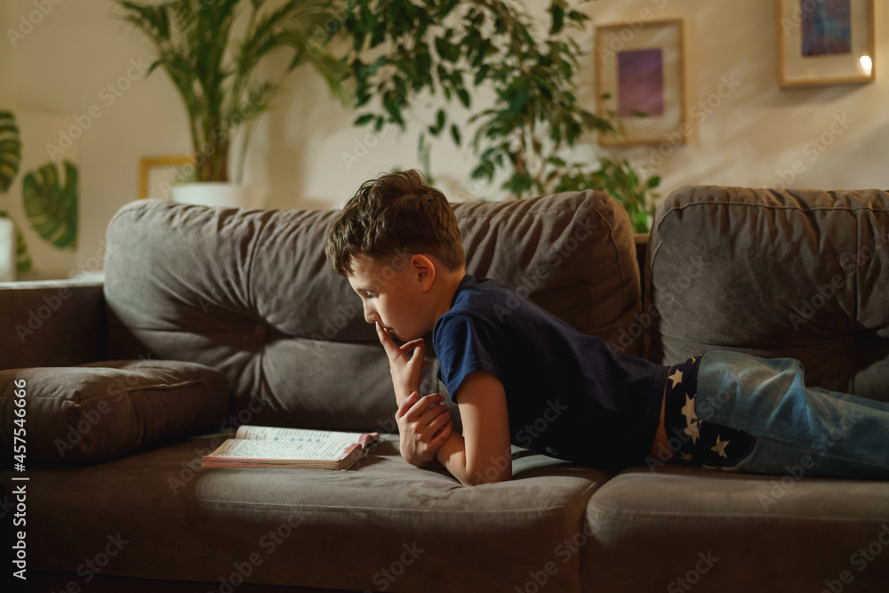 An attentive boy is reading a book lying on the couch at home. The student is passionate about reading. The child prepares homework, does homework lying down. An attentive boy is reading a book lying on the couch at home. The student is passionate about reading. The child prepares homework, does homework lying down.