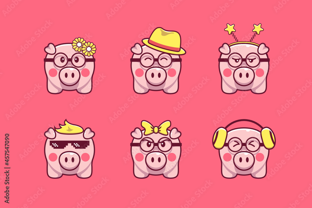 Cute pig illustration set with various accessories and expressions Cute pig illustration set with various accessories and expressions