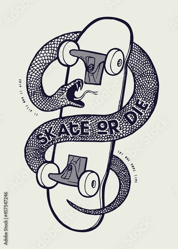 Skate or die. Snake on the skateboard vintage typography t-shirt print vector illustration.