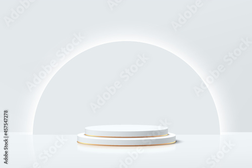 White, Gray and Gold geometric pedestal podium with glowing semi circle backdrop. Vector abstract studio room with 3D platform. Luxury minimal scene for cosmetic products. Showcase, Promotion display.