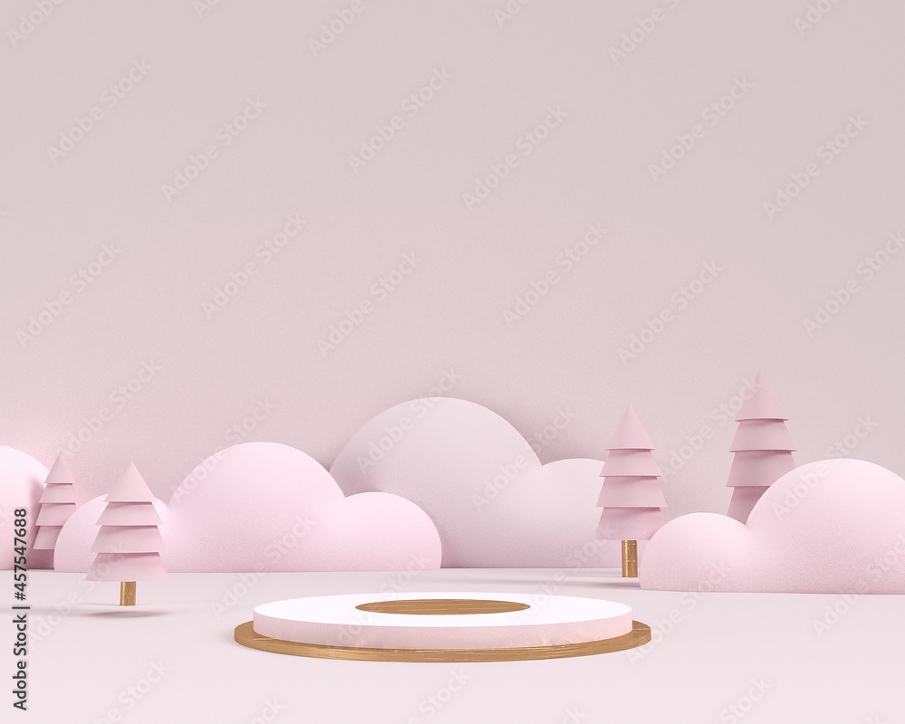 3D render of Winter season Christmas landscape with pedestal podium, Abstract minimal display empty space. Geometry podium with pink background