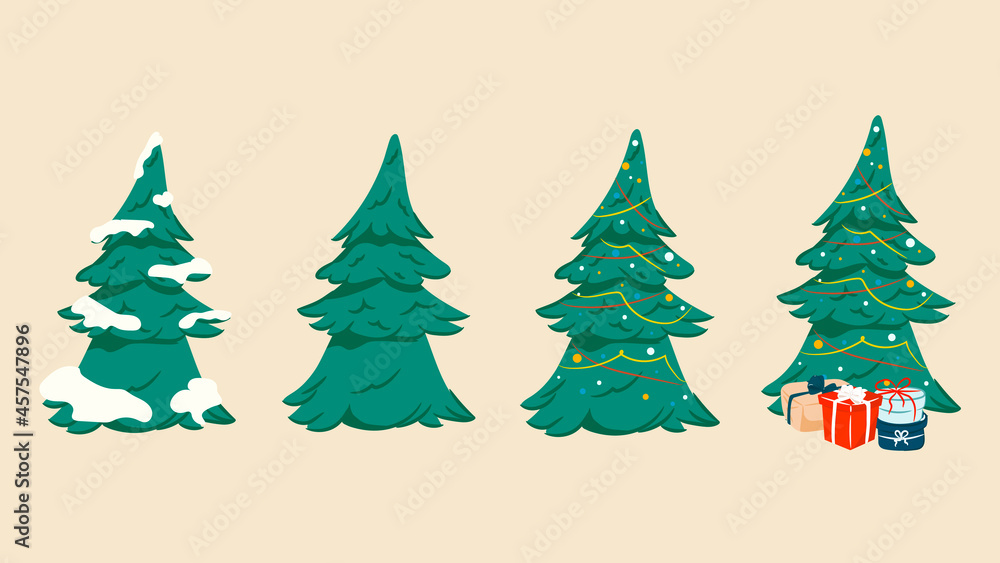 Set of green Christmas trees with snow, decorations, and gifts. Vector hand drawn illustration. Celebrating Christmas and New Years in December