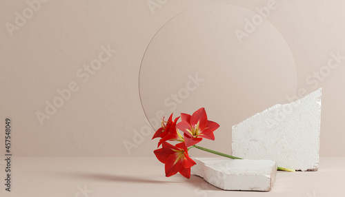 Pieces of stone slab and red flower – abstract 3d scene for product presentation in beige color. 3d rendering empty object placement background