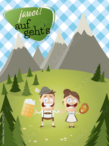 cute bavarian couple celebrating with beer and pretzel with German phrase Yes Come On
