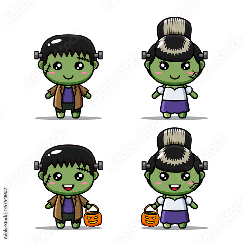 cute couple in frankenstein halloween mascot character set. cute children halloween costumes bring pumpkin illustration. frankenstein cartoon character for print banner and card halloween festival