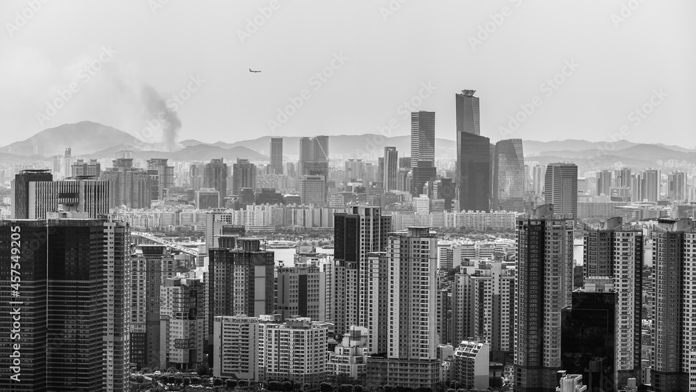 Black and white cityscape of Seoul from the Namsan Mountain, South Korea