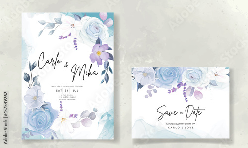 elegant hand drawing ice blue floral wedding invitation card
