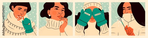 Close up portraits of young women wearing warm sweater, jacket, mittens, beanie and scarf. Snowy winter weather, Cozy clothes concept. Set of four square Hand drawn trendy Vector illustrations