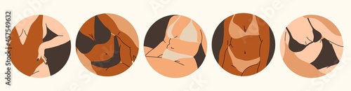 Plus size curvy Women in bikini. Beach underwear. Love and accept any body type. Healthy body, Body positive, fat acceptance movement, lifestyle and fashion concept. Hand drawn Round icons Vector set