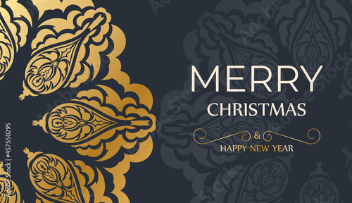 Dark blue happy new year brochure with winter gold ornament