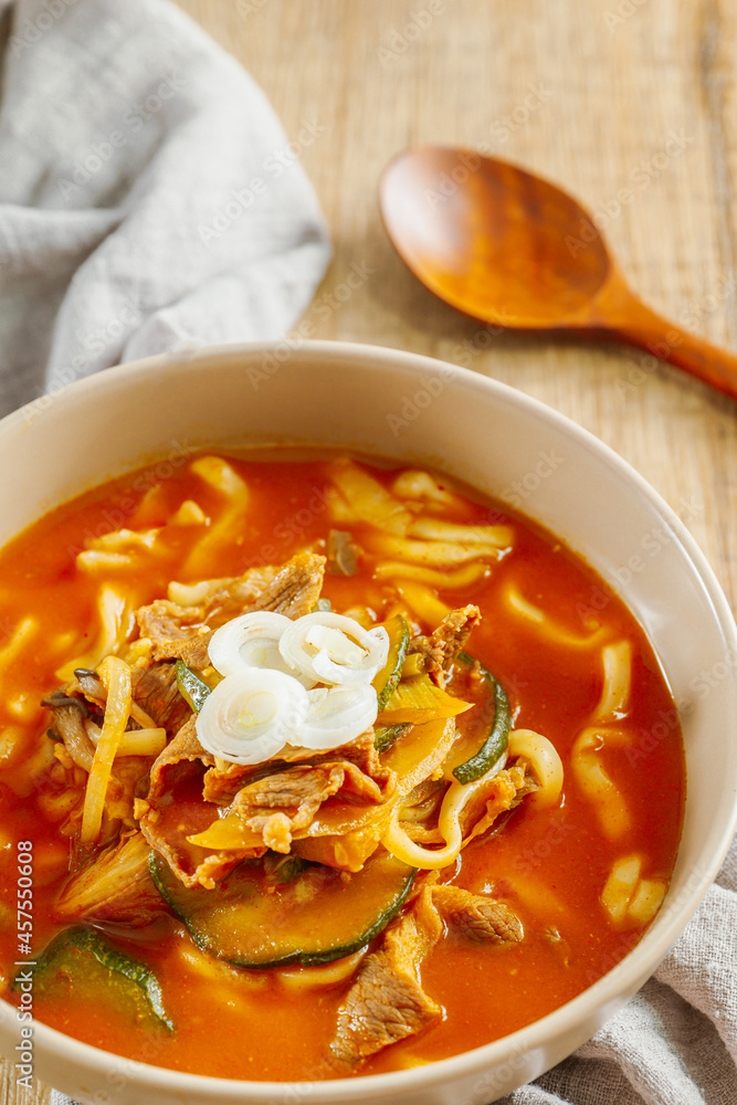 Korean gochujang noodle soup, 'jang kalguksu' Stock Photo Adobe Stock