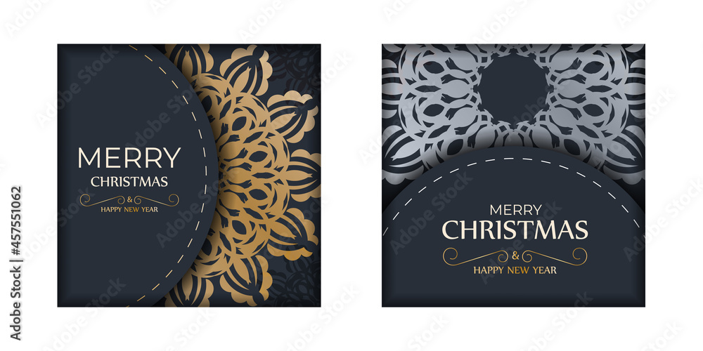 Fototapeta premium Dark blue happy new year flyer with luxury gold pattern
