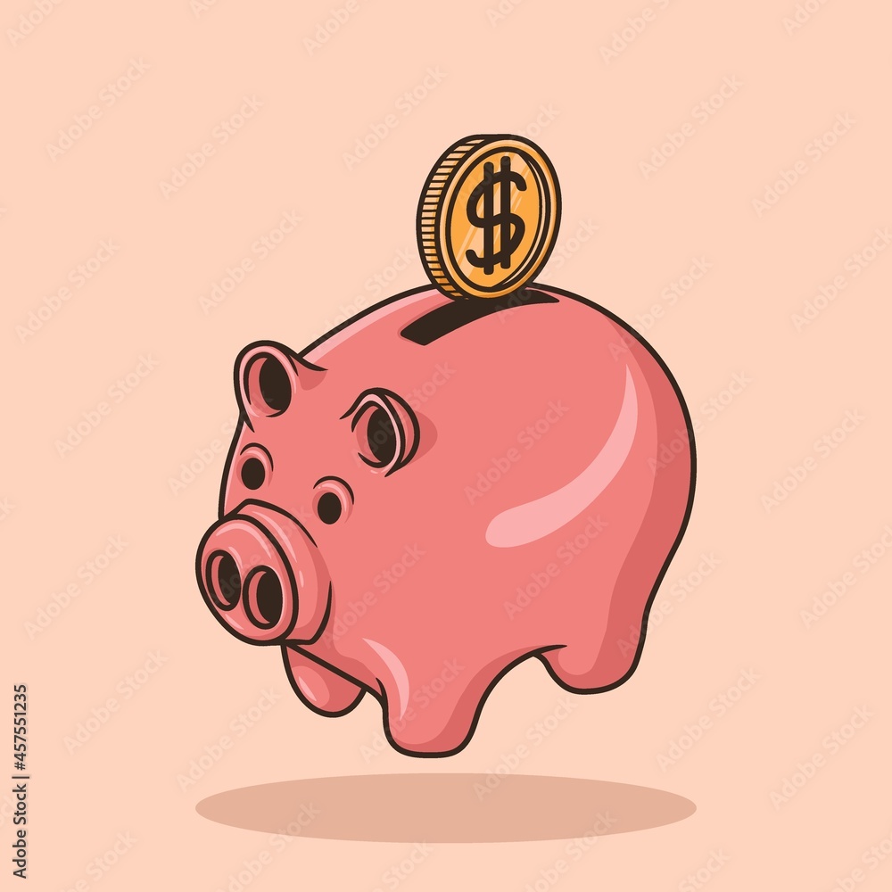 Insert coin into piggy Bank. Cute Pink Pig Bank Object concept Cartoon Icon  Vector Stock Vector | Adobe Stock