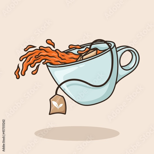 Teabag From Spilled Cup. A cup of tea Object concept Cartoon Icon Vector