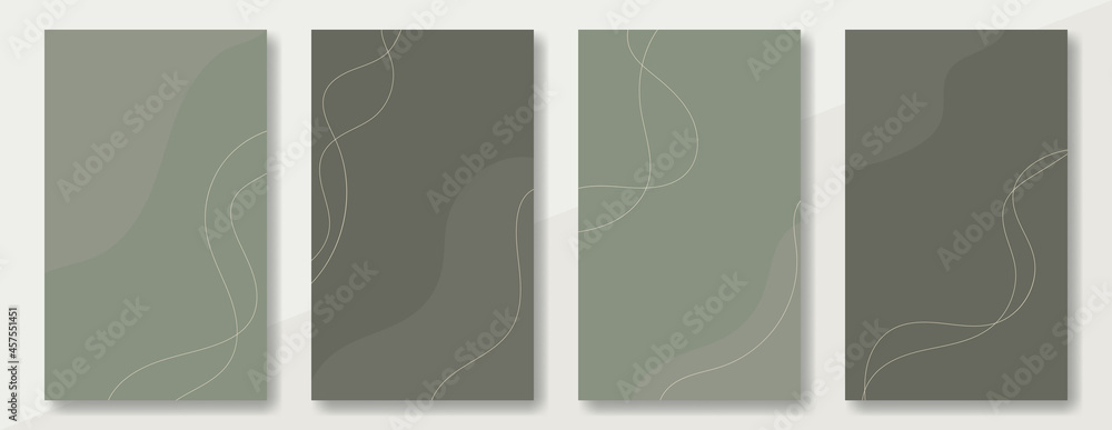 Set of vertical abstract designs in green palette for social media posting. Light lines on dark green background with place for text