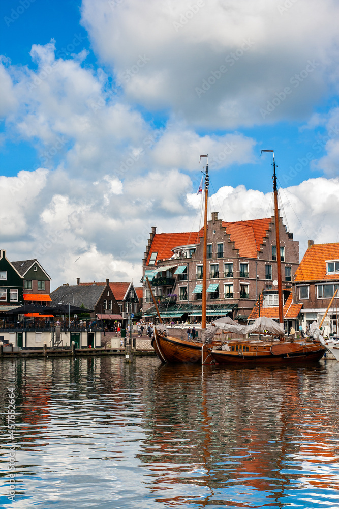 Clasic sail boats in the harbour of Volendam, a touristic fishing town in The Netherlands
