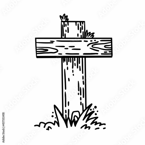 Engraved sketch of a wooden cross on a cemetery grave. Timber planks on tombstone graveyard