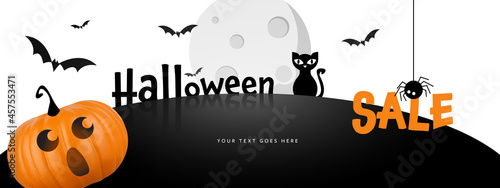 Halloween business sale banner background, orange and black colour, moon, spider, cat and pumpkin with scary face, flying bats, vector holiday graphic