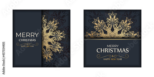 Dark blue merry christmas flyer with vintage gold ornament