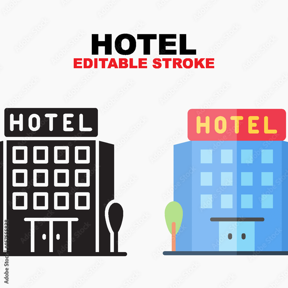 Hotel icon symbol set of outline, solid, flat and filled outline style. Isolated on white background. Editable stroke vector icon. Hotel icon symbol set of outline, solid, flat and filled outline style. Isolated on white background. Editable stroke vector icon.