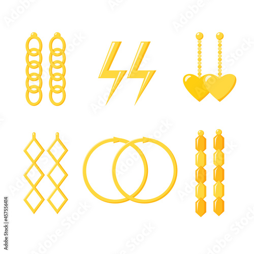 Golden earrings collection. Gold chain, rings, lightning and heart accessories. Jewellery set. Flat vector 