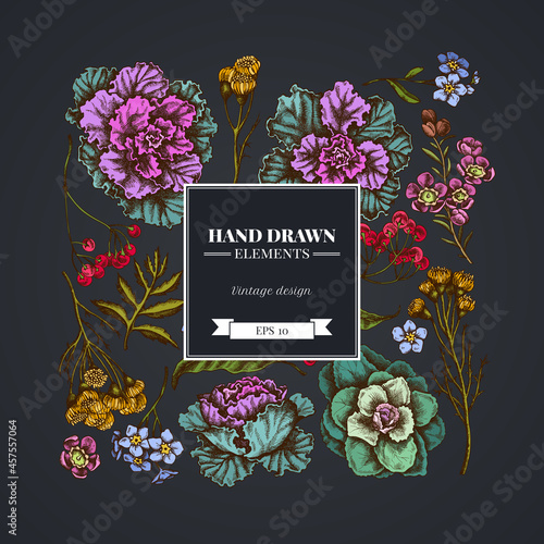 Square floral design on dark background with wax flower, forget me not flower, tansy, ardisia, brassica, decorative cabbage