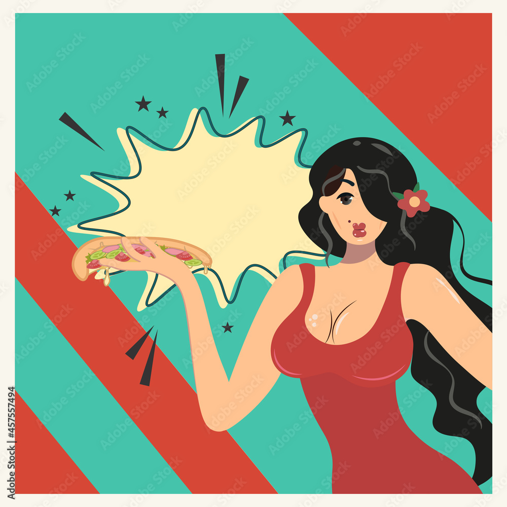Pop art poster with a cute girl advertising pizza. Woman prepares pizza at home. Vector design in mid century retro comic style. The concept of working and resting at home in a comfortable environment