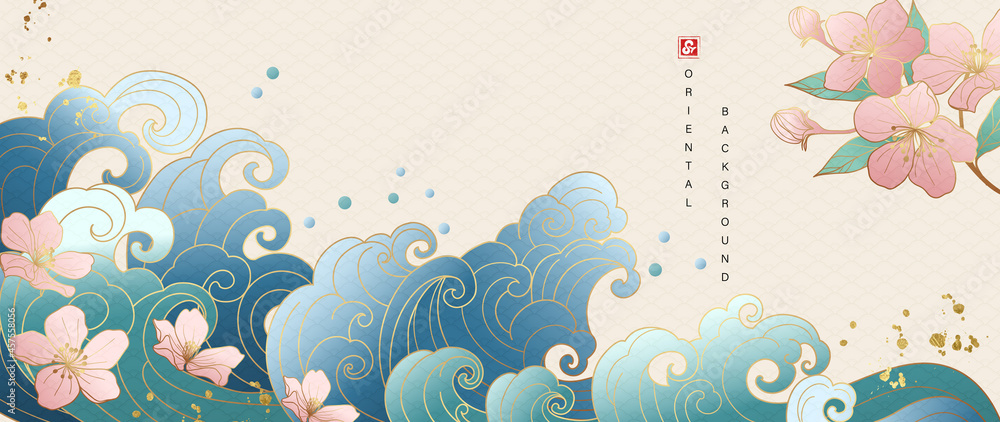 Wallpaper design with flower and ocean wave. luxury gold oriental style  background vector. Chinese and Japanese oriental line art with golden  texture. Ocean and wave wall art. Vector illustration. Stock Vector |