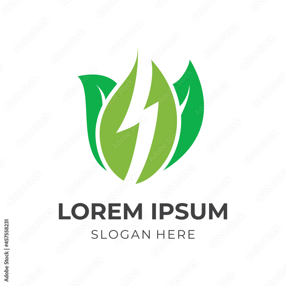 thunder and leaf logo design template concept vector with flat green color style thunder and leaf logo design template concept vector with flat green color style
