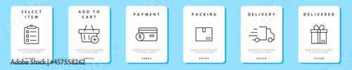 Shopping process. 6 steps of shopping. Chronology of receiving goods in online stores. Vector illustration