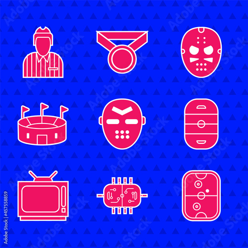 Set Hockey mask, table, Air hockey, Ice rink, Retro tv, stadium, and judge, referee, arbiter icon. Vector