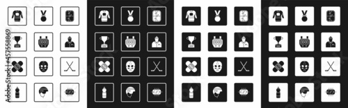 Set Air hockey table, Stopwatch, Award cup, Hockey jersey, coach, Medal, Ice sticks and Crossed bandage plaster icon. Vector
