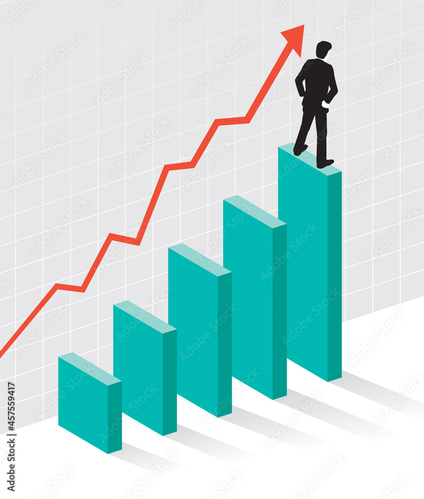 Business graph illustration with businessman looking toward future growth. Vector illustration of three dimensional bar graph with visionary businessman standing on graph and looking into the future. Business graph illustration with businessman looking toward future growth. Vector illustration of three dimensional bar graph with visionary businessman standing on graph and looking into the future.