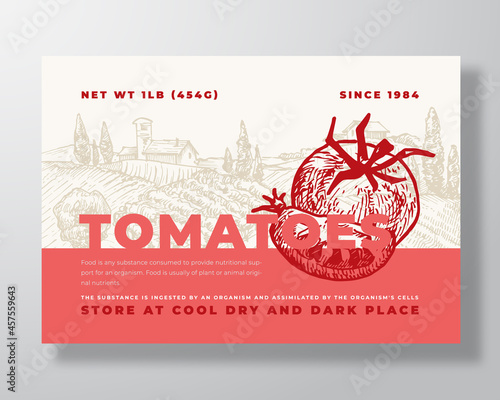 Tomatoes Label Template. Abstract Vector Packaging Design Layout. Modern Typography Banner with Hand Drawn Vegetables and Rural Landscape Background. Isolated