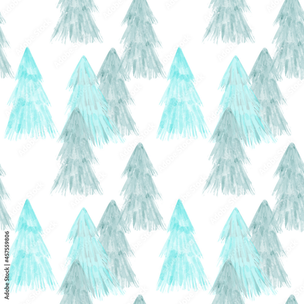 Obraz premium Seamless pattern with blue fir illustration in a watercolor style on white