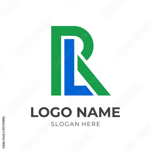 monogram R L logo design with flat green and blue color style