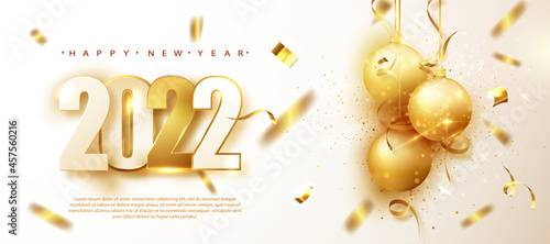 2022 gold numbers with golden balloons and shimmering confetti. New year banner with decoration. For Christmas and winter holiday party flyers
