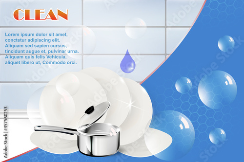 Dishwashing announcement. Realistic advertising background with transparent bubbles for liquid soap and dishwashing. Vector household concept for label or banner laundry detergent