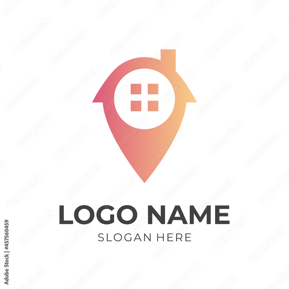 pin house logo concept, house and pin, combination logo with flat orange color style pin house logo concept, house and pin, combination logo with flat orange color style